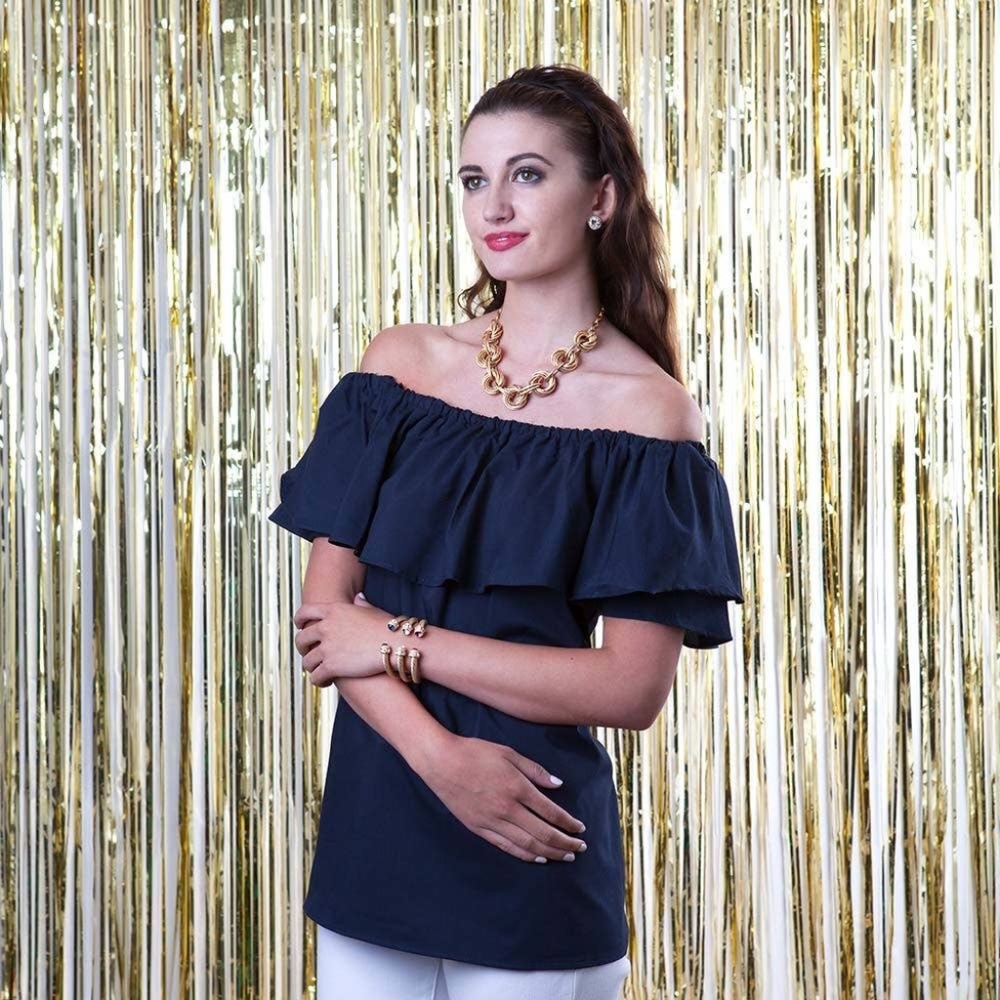 Off the Shoulder Ruffle Navy Shirt
